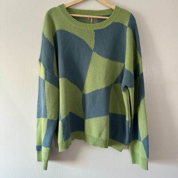 Bailey Rose Womens Checkboard‎ Knit Slouchy Oversized Blue Green Sweater SzLarge - Picture 1 of 5